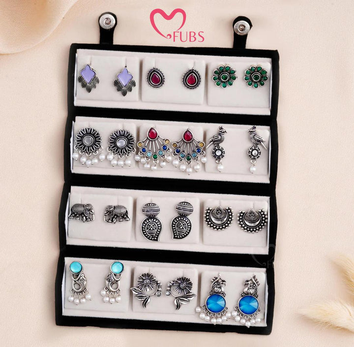 Set Of 12 Oxidized Designer Stud Earrings With Folding Jewelry Box